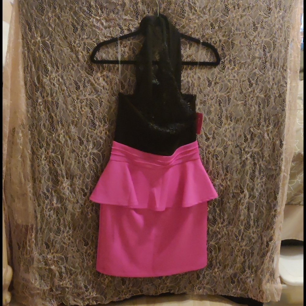 Black and hot pink peplum dress